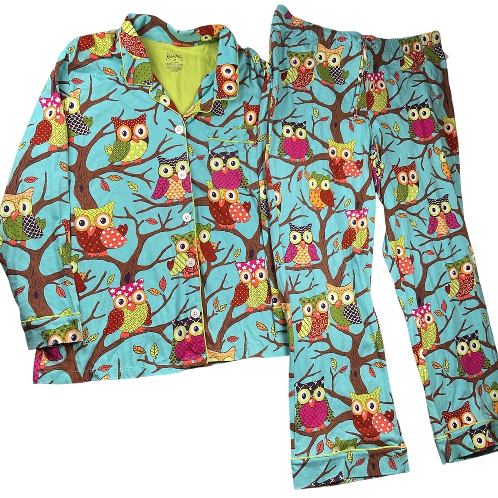 Nick & Nora Pajama Set Womens XXL Owl Print Cotton Jersey Long Sleeve 2pc Y2K